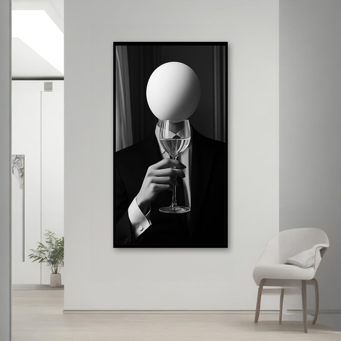Faceless Man In Suit Holding Wine Glass Black White Surreal Art Poster - Image 2