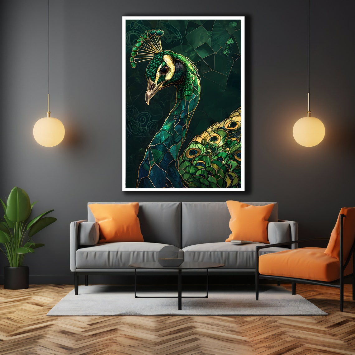 Emerald Green Mosaic Peacock Portrait Gold Feather Detail Wall Art - Image 3