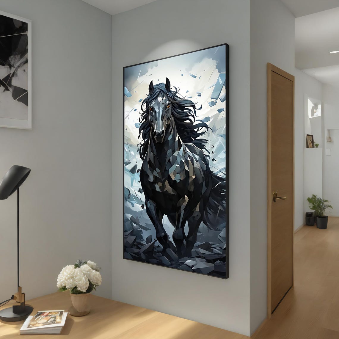 Dynamic Black Horse Print Abstract Geometric Wall Decor Modern Animal Painting Bold Equine Wall Art Gift Idea