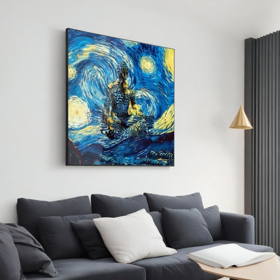 Starry Night Meditation Painting Van Gogh Style Abstract Art Meditation Man With Labyrinth Pattern Wall Decoration Starry Night