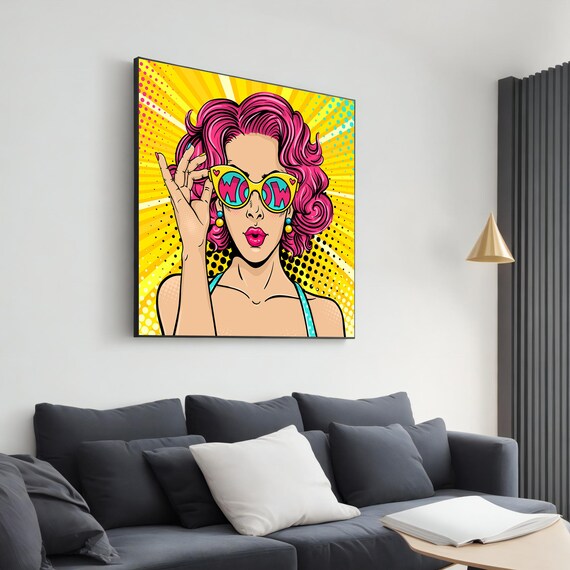 Pop Art Woman Pink Hair WOW Sunglasses Retro Comic Style Wall Art
