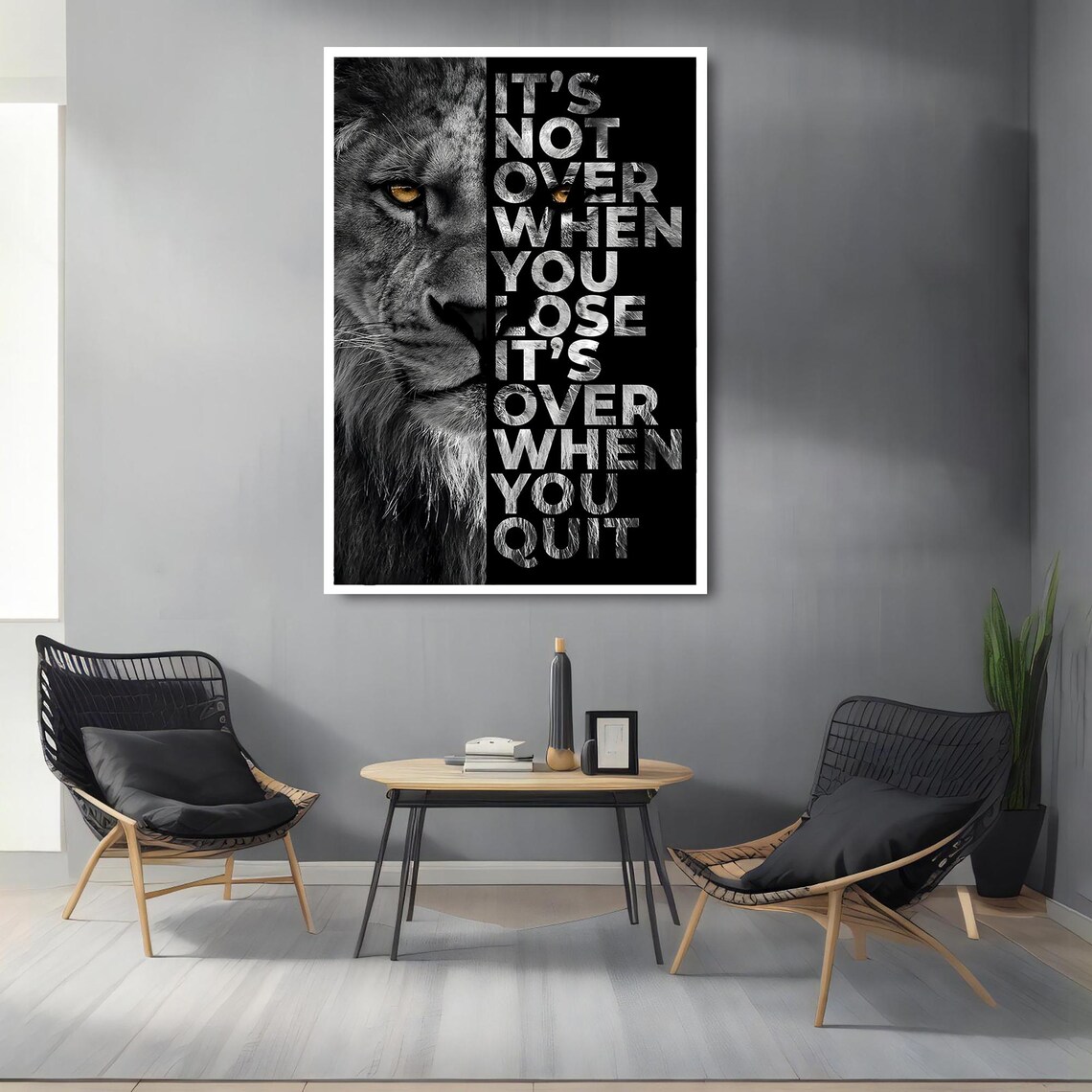 Lion Motivational Quote Its Not Over When You Quit Black White Wall Poster - Image 2