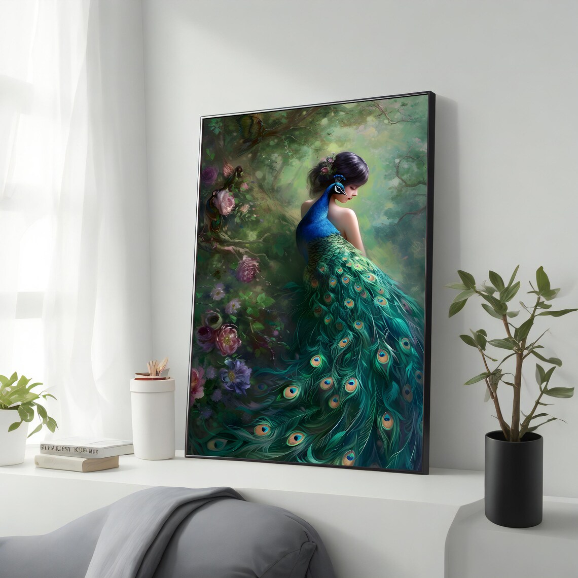 Fantasy Woman In Peacock Feather Gown Garden Floral Art Print
