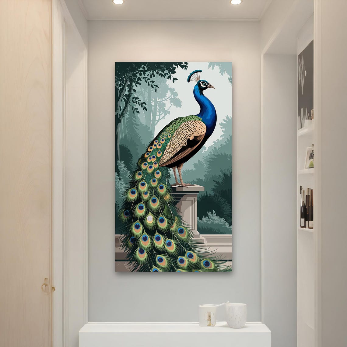 Peacock Standing on Stone Pedestal Misty Garden Long Tail Art Poster - Image 4