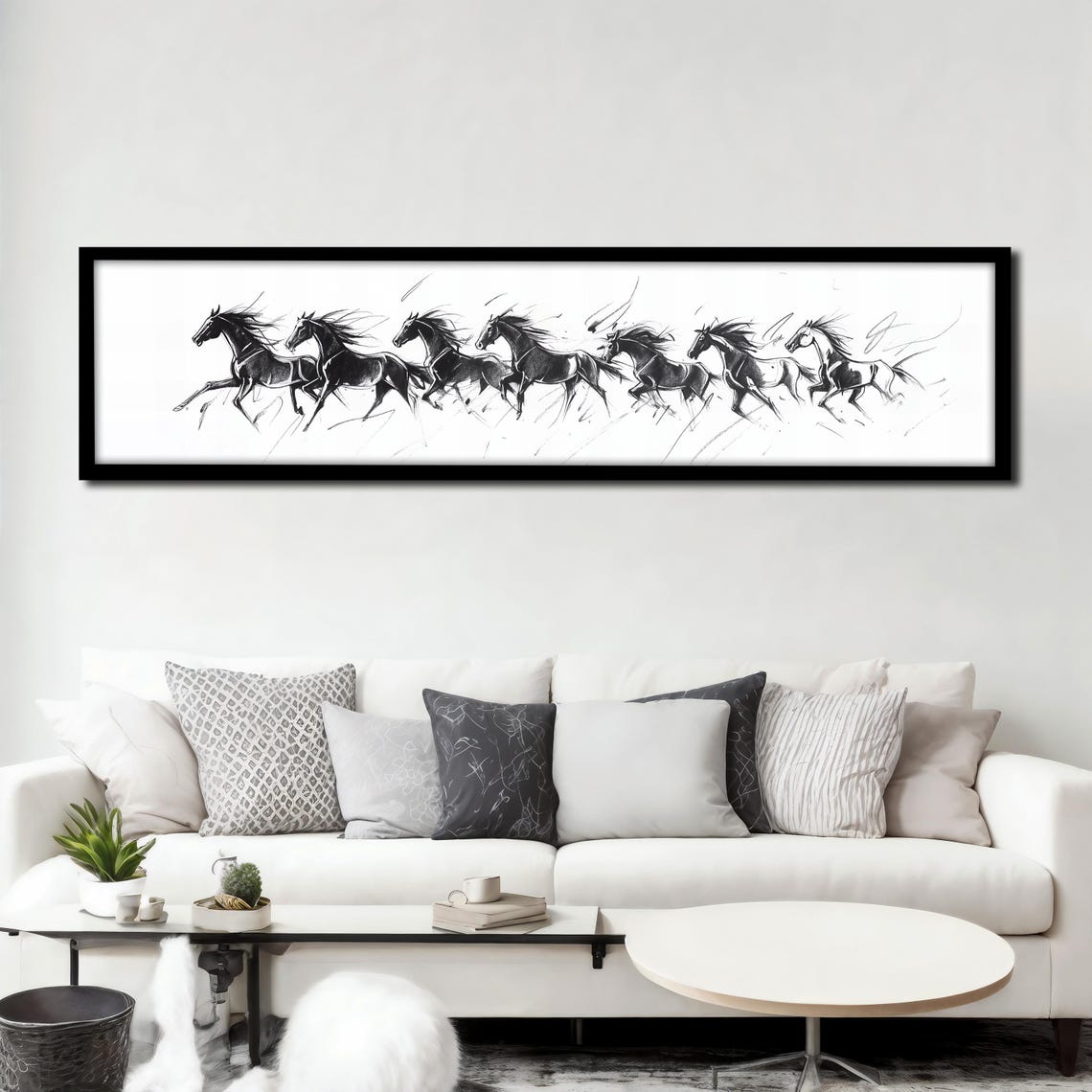 Seven Running Horses Black White Panoramic Sketch Art Poster - Image 3