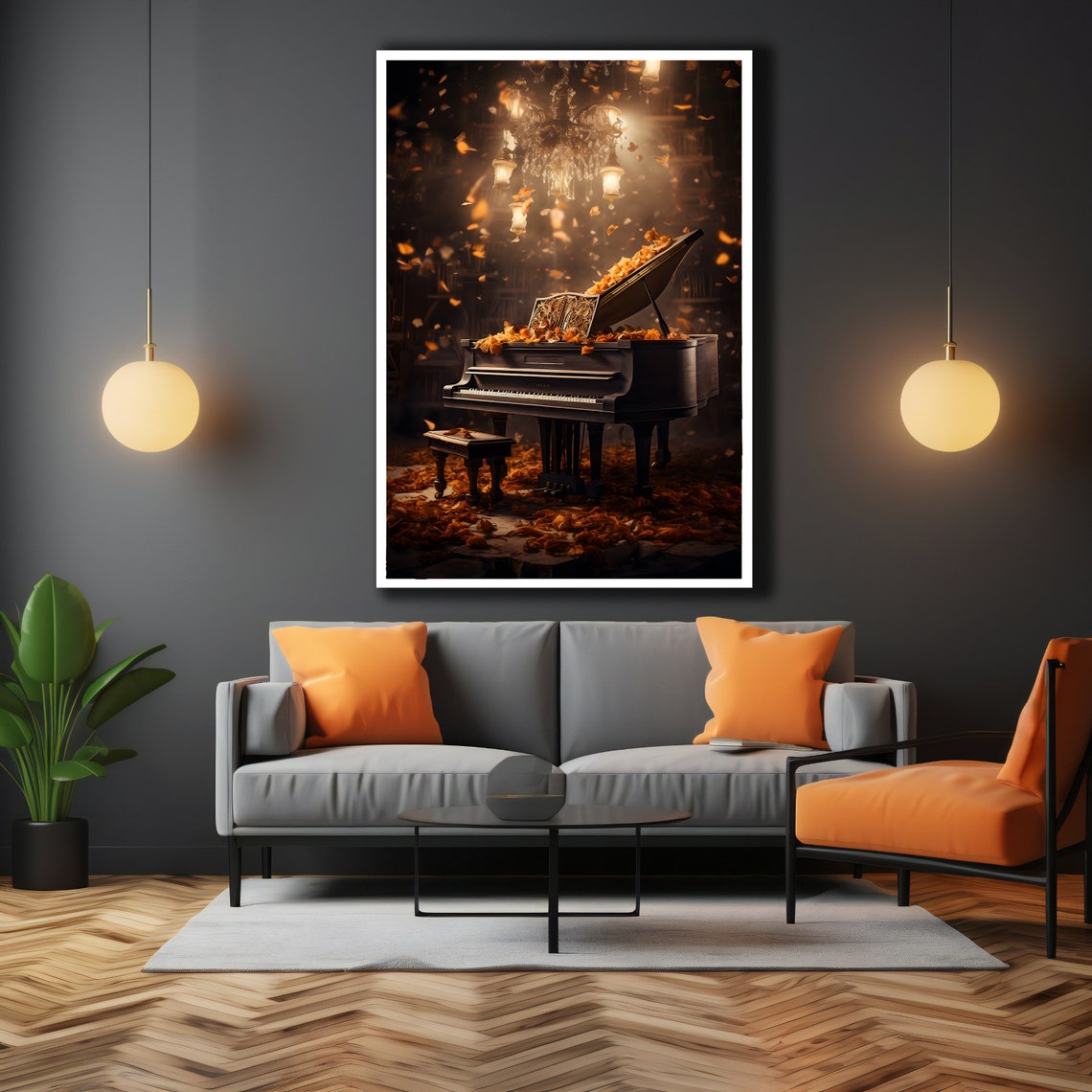 Grand Piano Autumn Leaves Chandelier Dramatic Music Art Print - Image 3