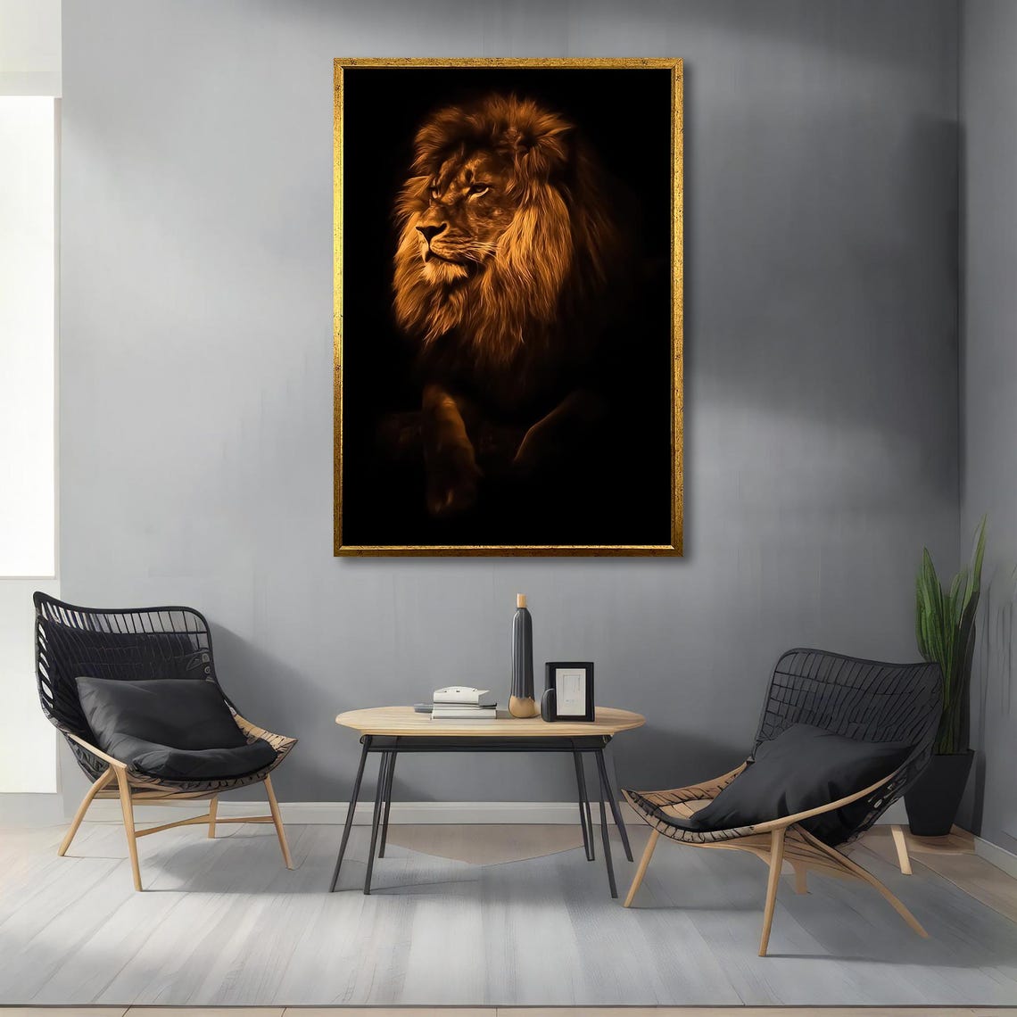 Majestic Lion Portrait Golden Mane On Dark Black Background Poster - Image 4