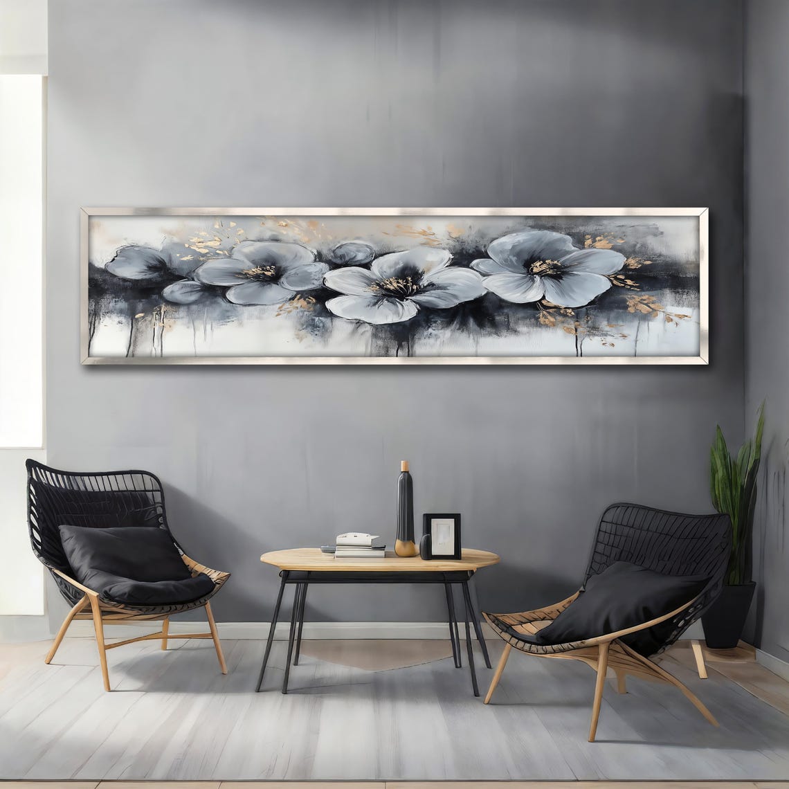 Gray Floral Abstract Blooms Gold Accents Panoramic Wall Art Poster - Image 4