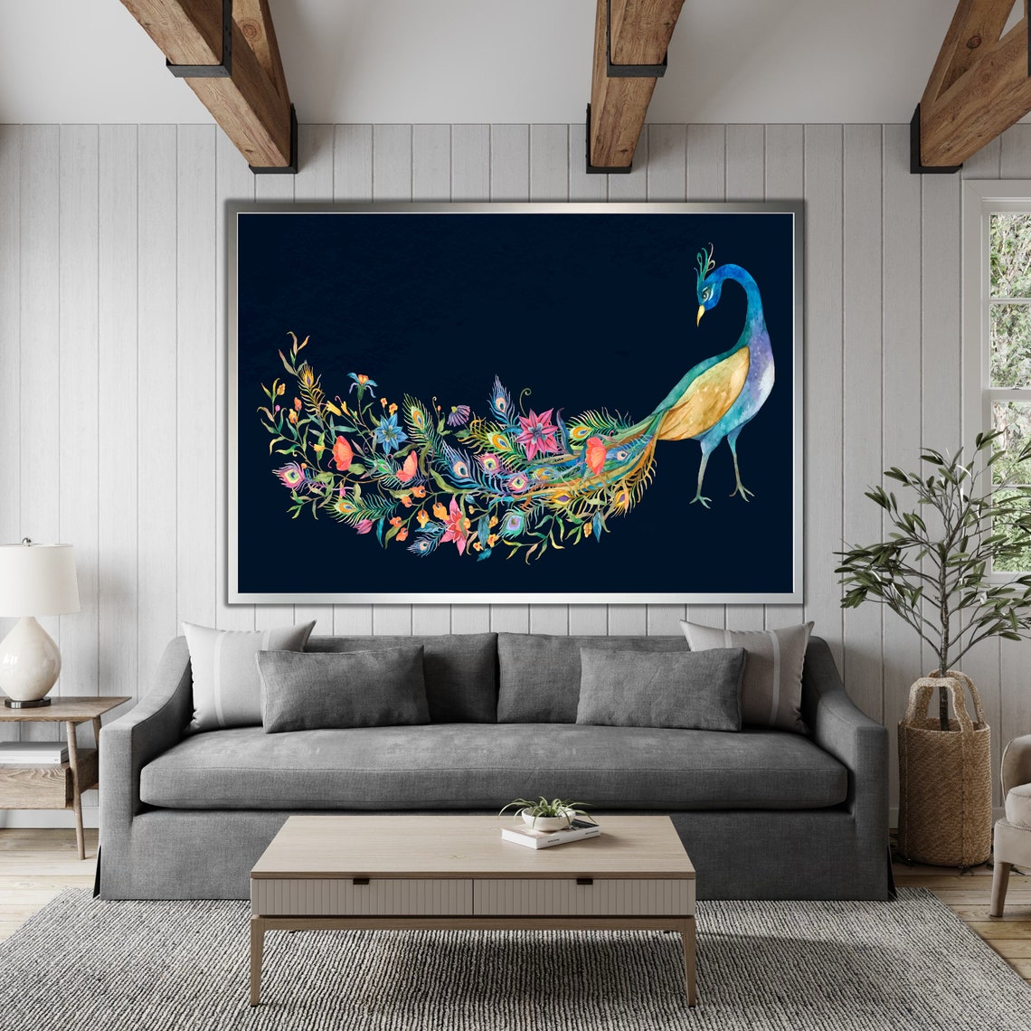 Floral Watercolor Peacock Elegant Bird Navy Background Wall Art Poster - Image 4