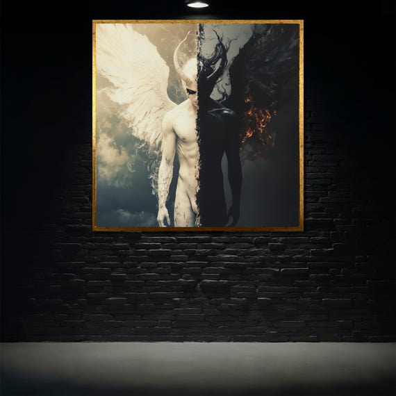 Angel And Demon Painting Dark Fantasy Wall Art Gothic Heaven And Hell Decor Yin Yang Celestial Artwork Unique Gift
