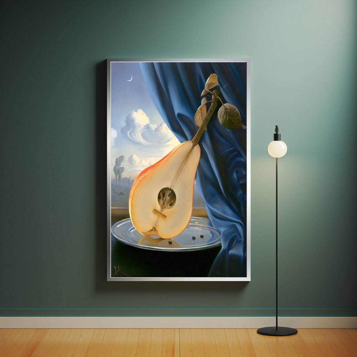 Surrealist Pear Lute Still Life Blue Drapery Dreamscape Poster - Image 4
