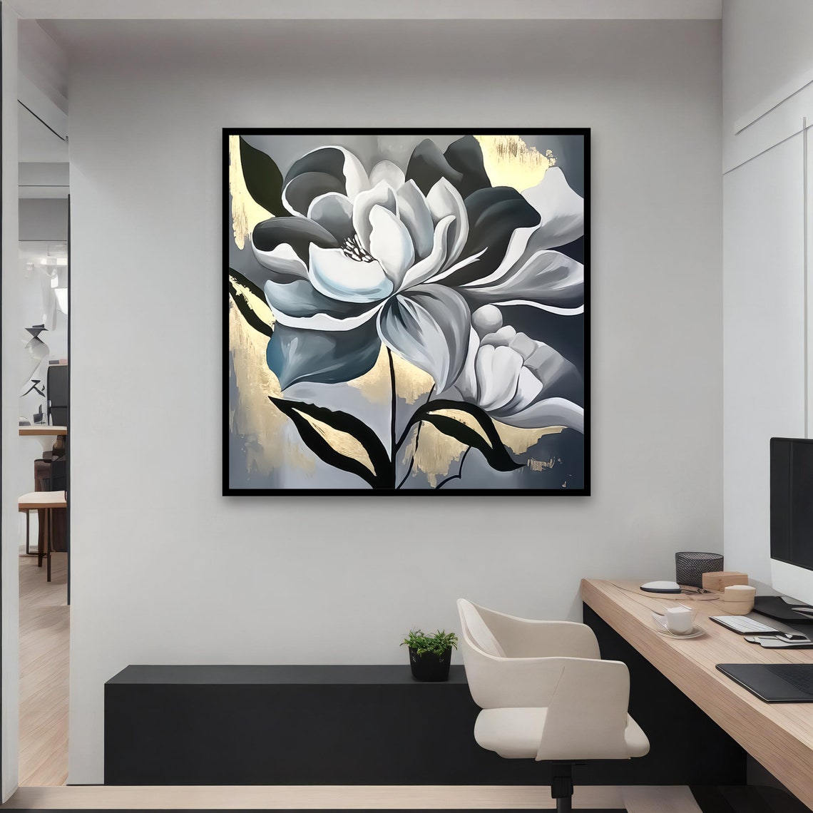 Black And White Floral Gold Accent Magnolia Painting Wall Art - Image 3