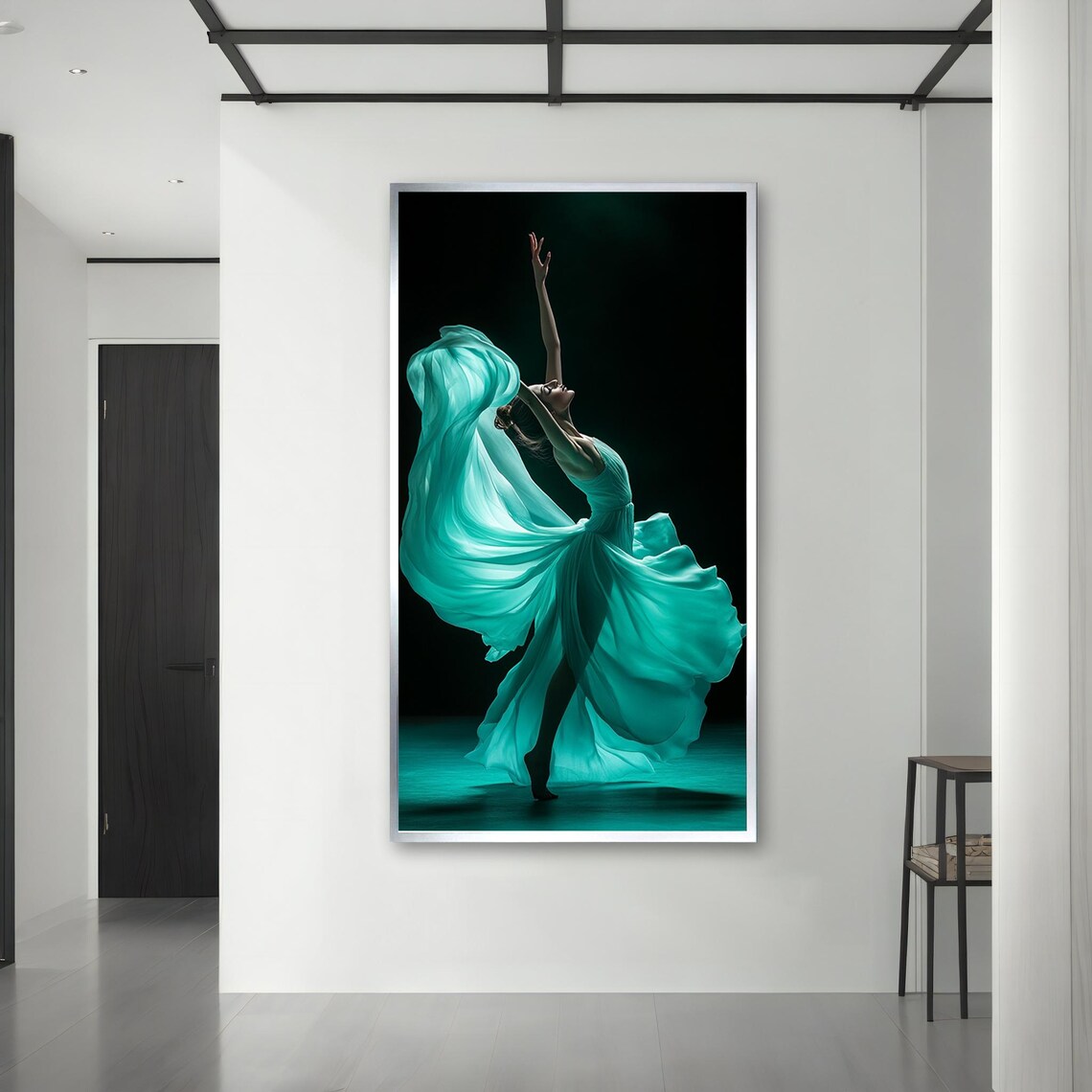 Ballet Dancer In Flowing Turquoise Dress Dramatic Dark Stage Elegant Poster - Image 3