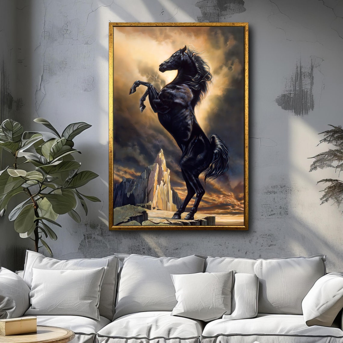 Black Stallion Rearing Dramatic Sunset Mountain Fantasy Horse Poster - Image 3