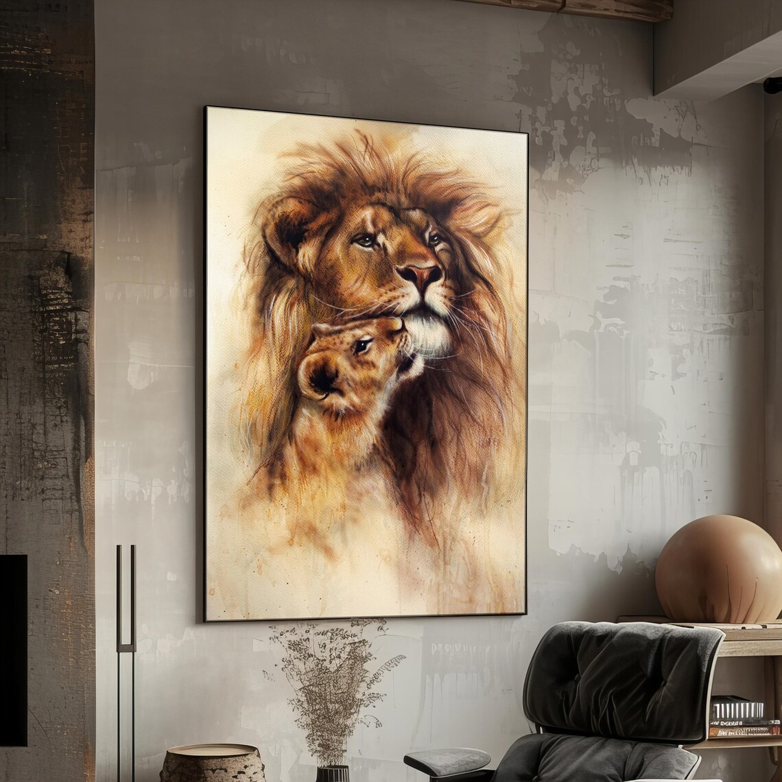 Lion Nuzzling Cub Tender Watercolor Family Wildlife Portrait Poster