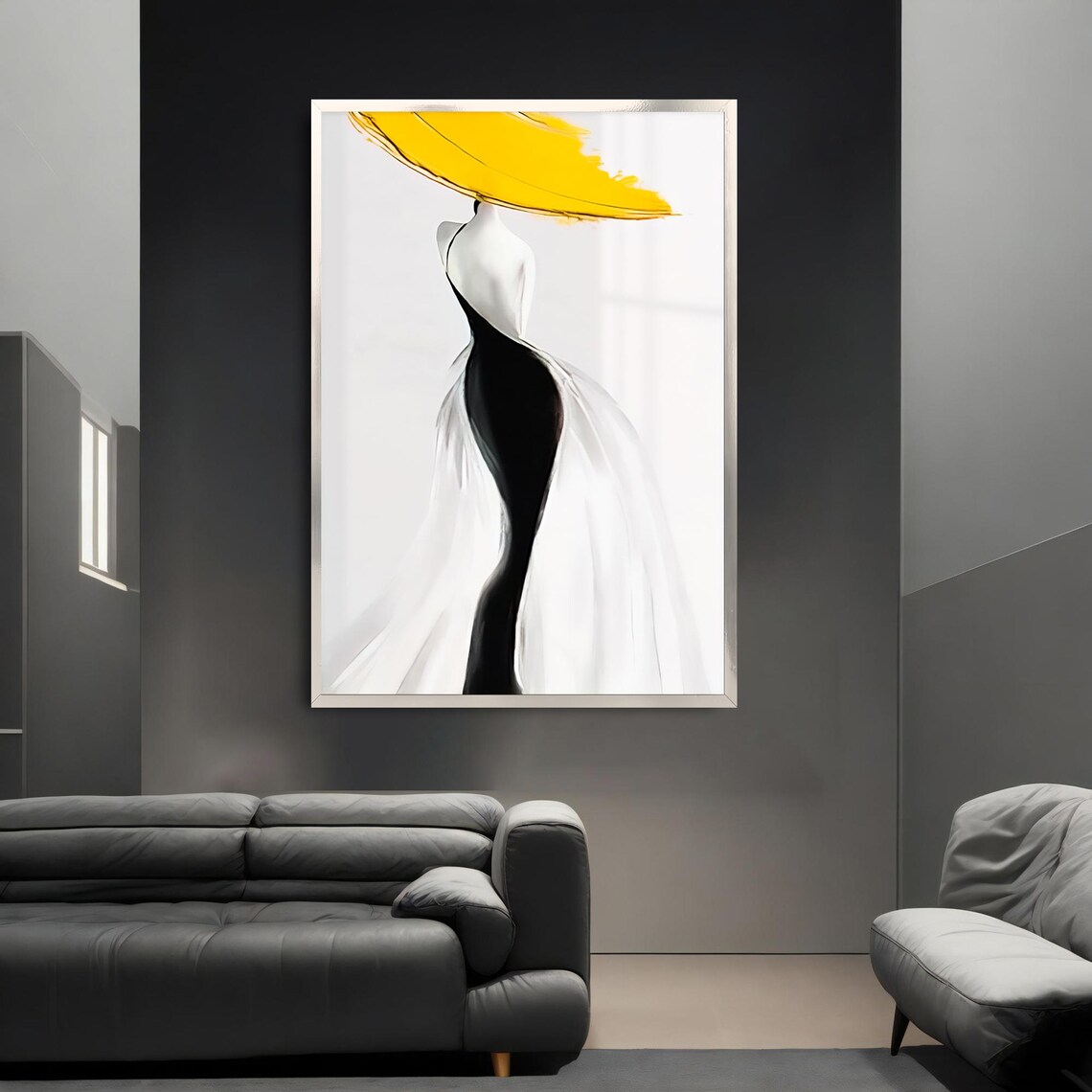 Minimalist Fashion Woman Yellow Hat Elegant Black White Abstract Art Poster - Image 3