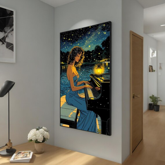 Woman Playing Grand Piano by Moonlit Lake Starry Night Music Art Poster
