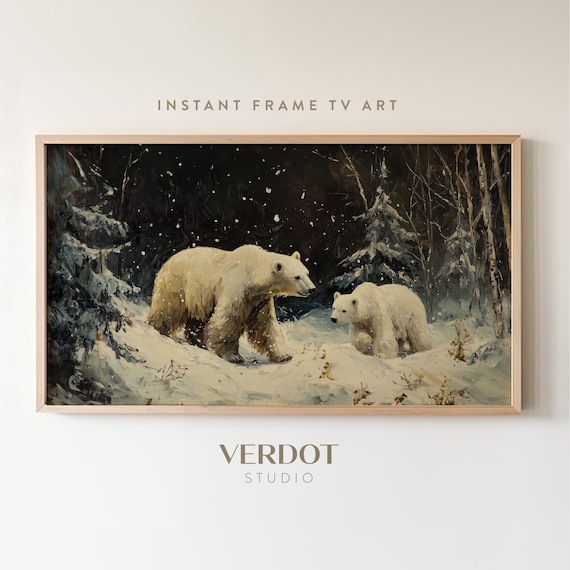 Polar Bear Christmas Frame Tv Art Winter Decor Vintage Dark Moody Landscape Holiday Painting Antique Neutral Screensaver Tv24274