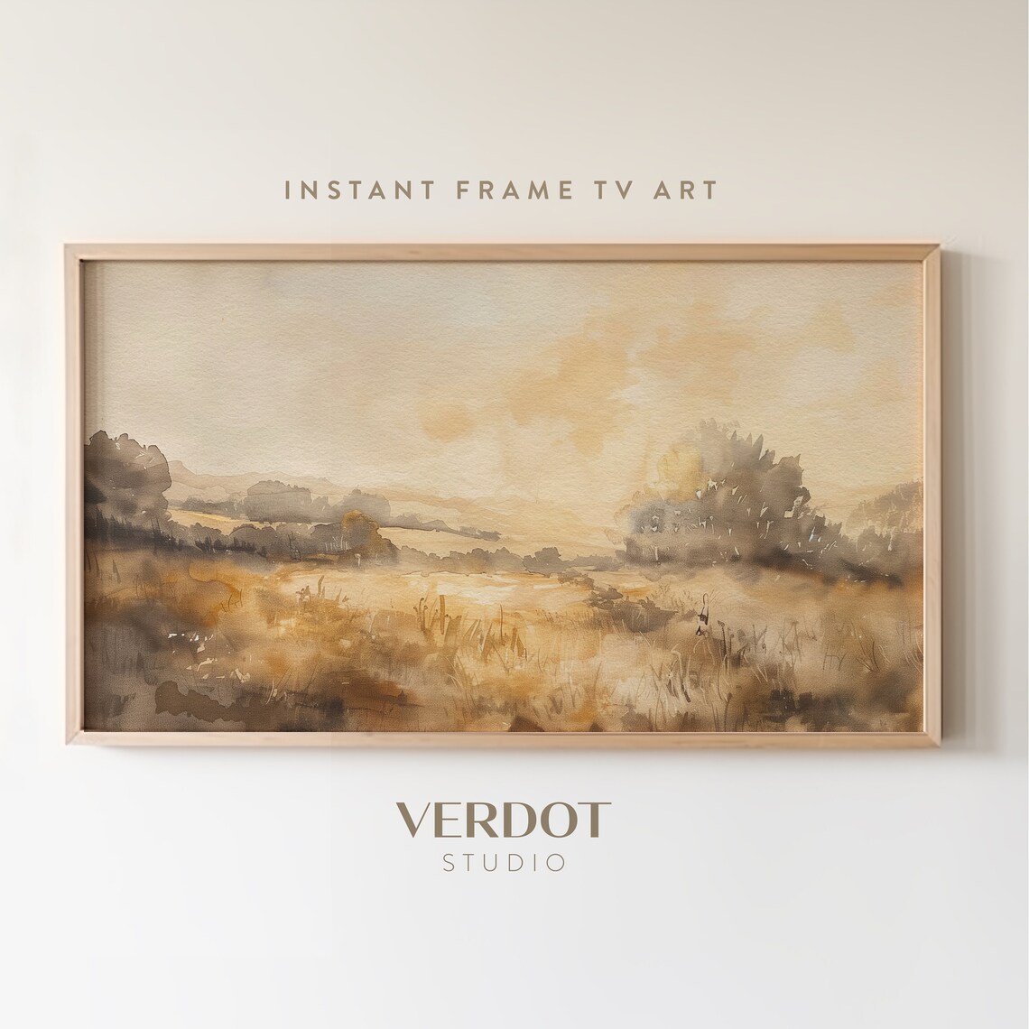 Fall Landscape Watercolor Golden Field Autumn Trees Hazy Sky Art Print