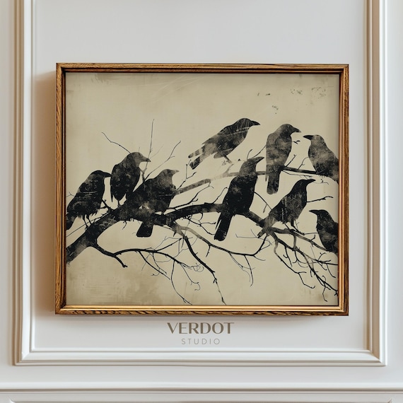 Black Crows Perched On Bare Branch Neutral Vintage Halloween Bird Art Poster