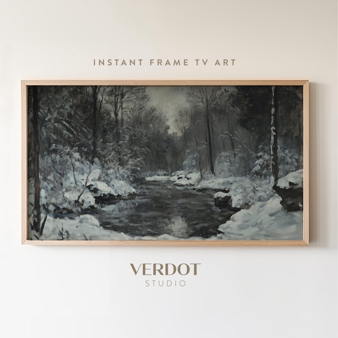 Moody Winter Frame Tv Art Winter Decor Vintage Christmas Holiday Painting Dark Antique Neutral Country River Forest Screensaver Tv24279