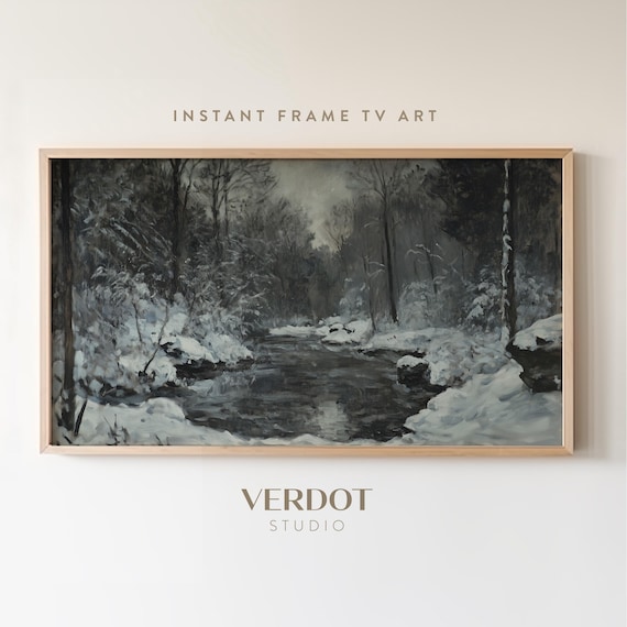 Moody Winter Frame Tv Art Winter Decor Vintage Christmas Holiday Painting Dark Antique Neutral Country River Forest Screensaver Tv24279