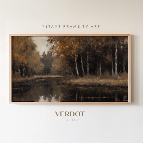 Autumn Tree River Frame Tv Art Vintage Dark Moody Landscape Painting Fall Creek Fall Decor Country Scenery Screensaver Tv Art Tv24193