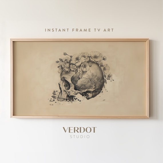 Skull With Flowers Neutral Botanical Sketch Dark Academia Halloween Art Poster
