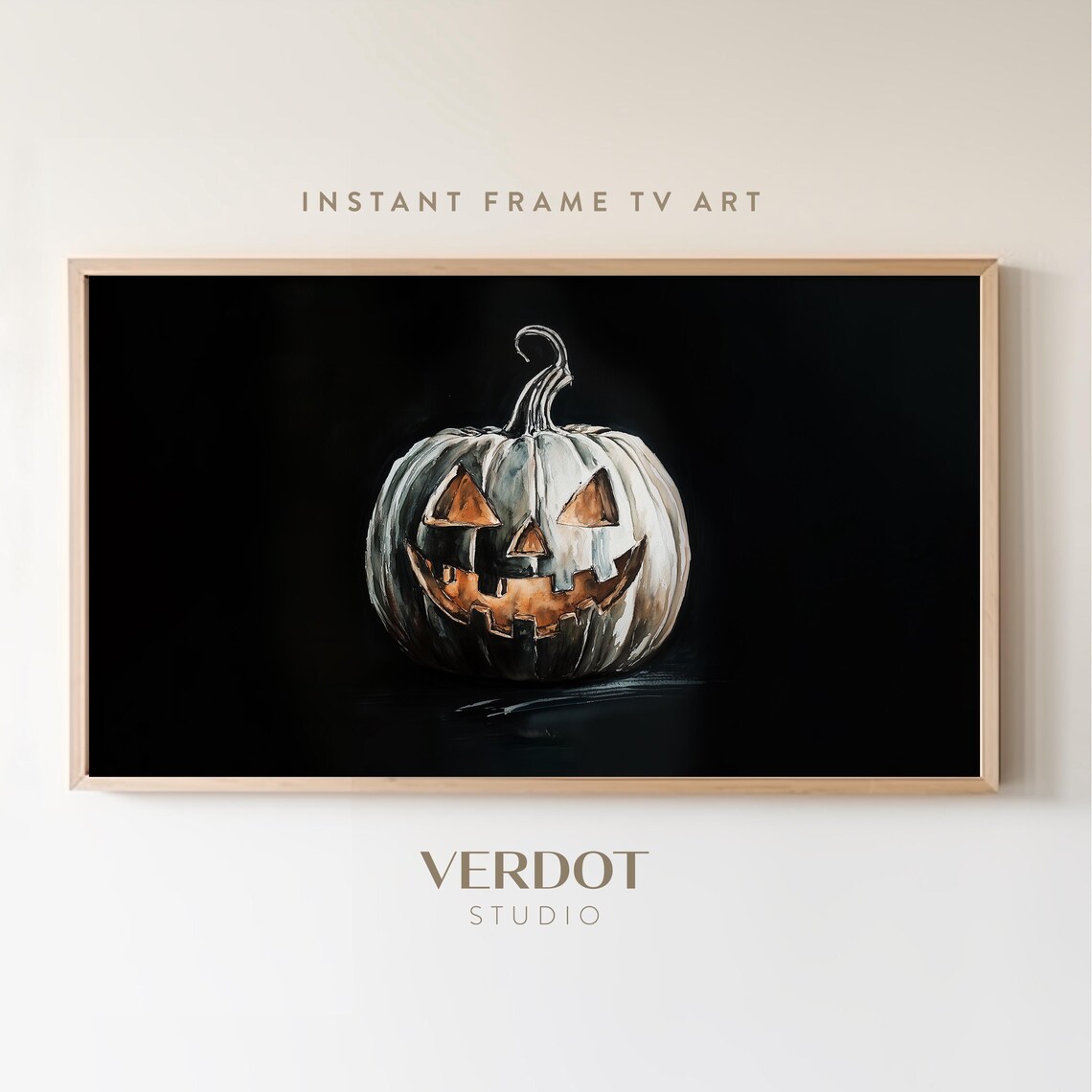 Halloween White Jack O Lantern Pumpkin Dark Background Spooky Art Print