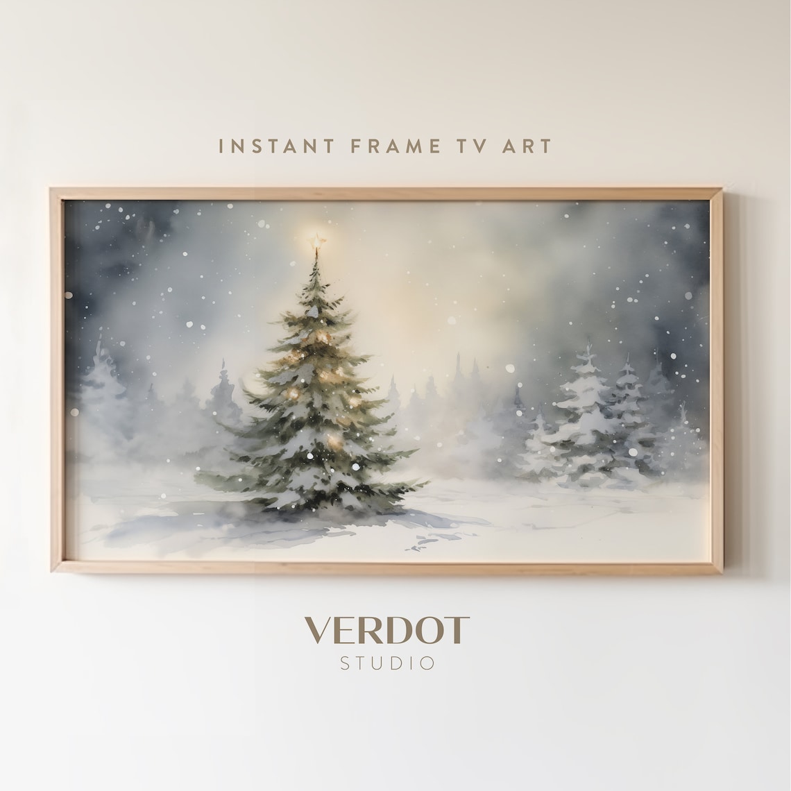 Christmas Tree Snowy Night Watercolor Art Print
