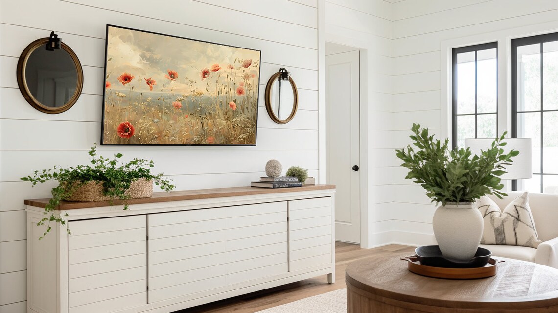 Red Poppies Coastal Meadow Vintage Summer Flower Field Wall Art - Image 2