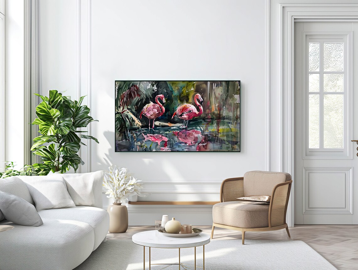 Pink Flamingo Pair Tropical Lagoon Watercolor Art Painting Poster - Image 2