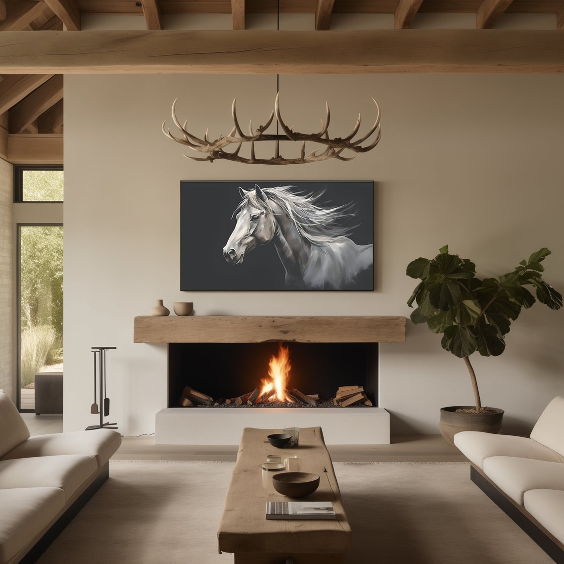 Gray Horse Windswept Mane Black Background Equestrian Wall Art - Image 3