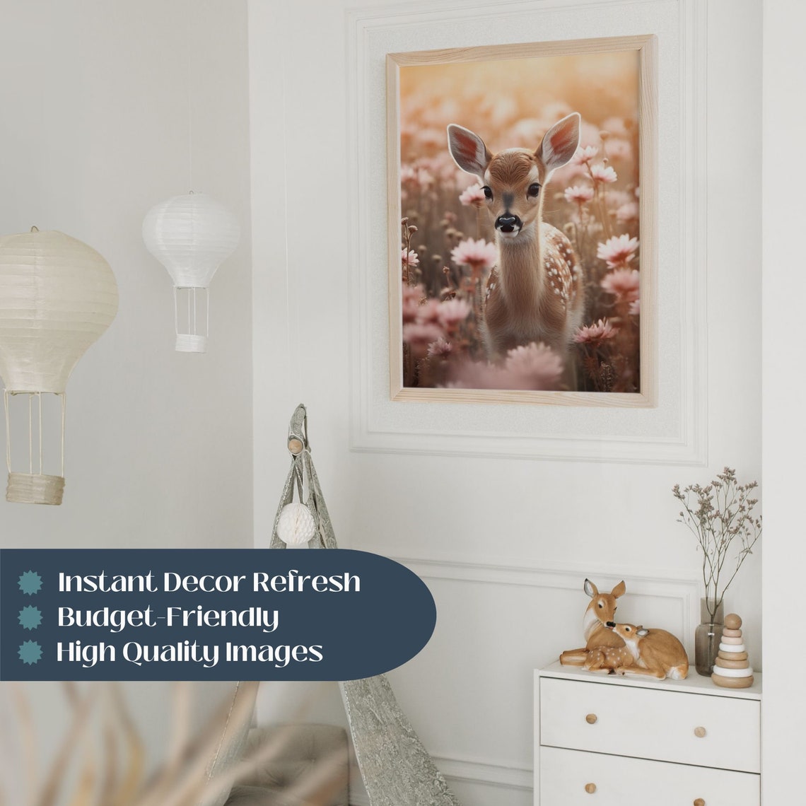 Baby Fawn Wall Art Print Girls Room Art Print Baby Girl Nursery Nature Room Art Print Soft Pink Wildflower Wall Art - Image 3
