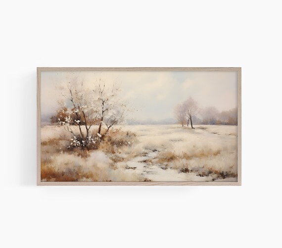 Vintage Winter Field Bare Trees Muted Watercolor Landscape Poster