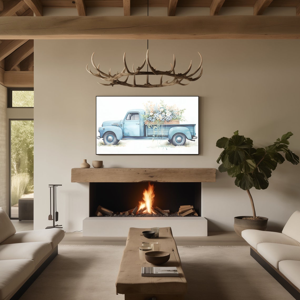 Vintage Truck Frame Tv Art Frame Tv Art Easter Truck Art For Tv Old Blue Truck Tv Art Vintage Floral Tv Art Smart Tv Art - Image 3