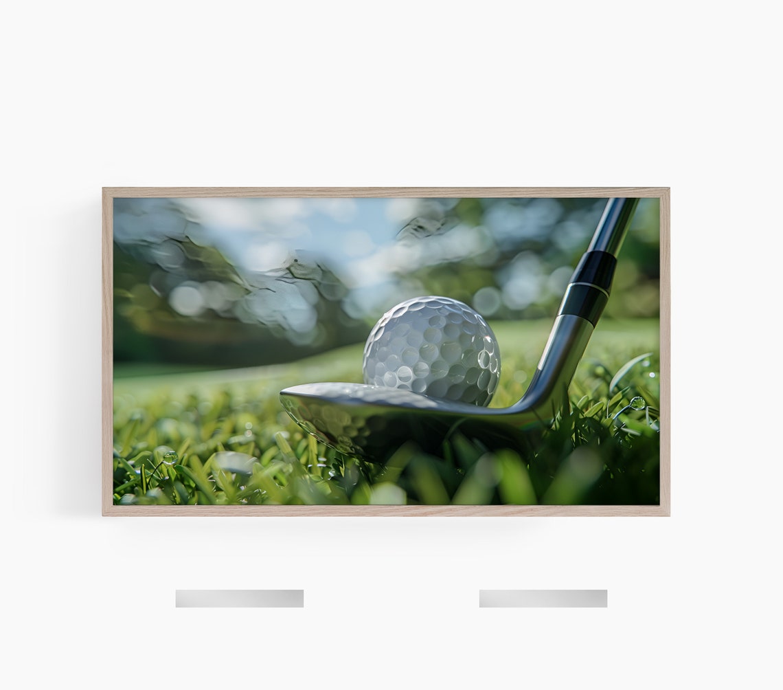 Golf Ball And Iron Wedge Close Up Dewy Green Grass Photo Poster