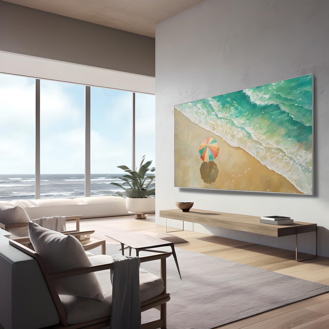 Aerial Rainbow Beach Umbrella Turquoise Surf Painting Art Poster - Image 3