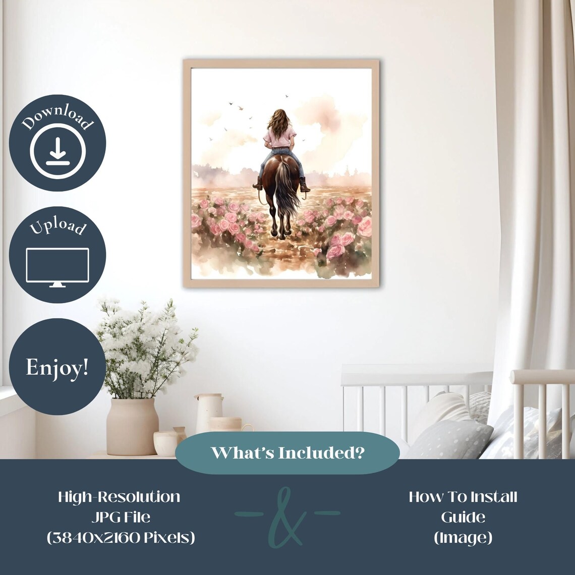 Girl Riding Horse In Wildflower Field Watercolor Art Print - Image 3