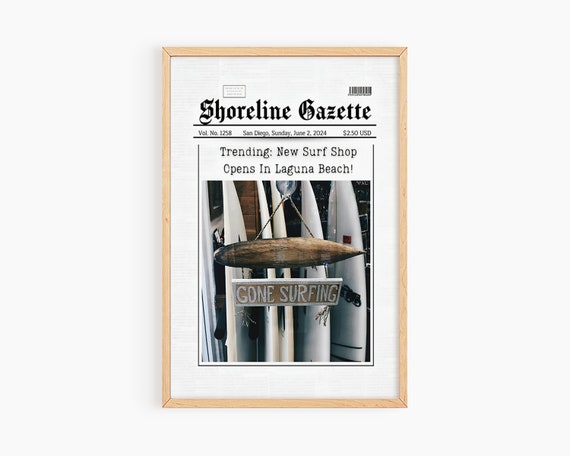Coastal Print Newspaper Cover Wall Art Trendy Coastal Art Surf Wall Art Surfer Magazine Cover Wall Art S058