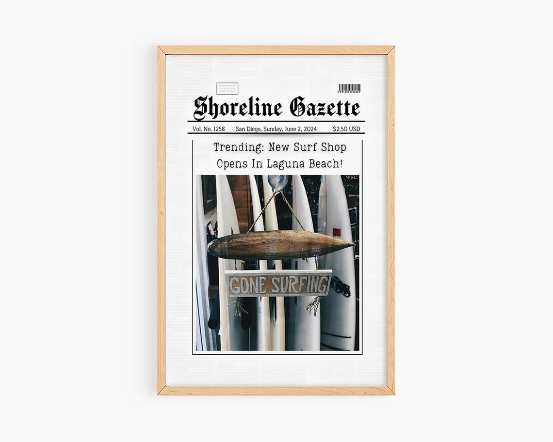 Coastal Print Newspaper Cover Wall Art Trendy Coastal Art Surf Wall Art Surfer Magazine Cover Wall Art S058