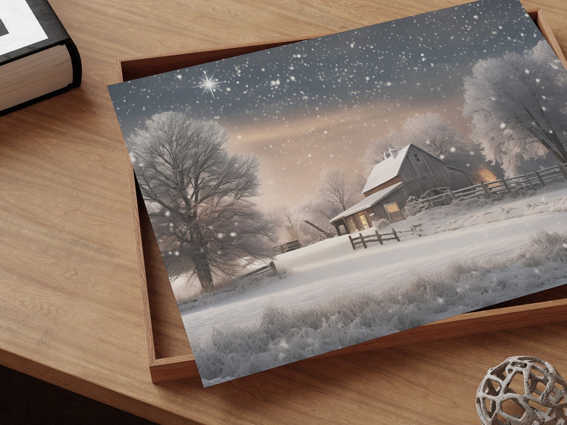 Snowy Winter Barn Under Starry Night Sky Holiday Farm Scene Poster - Image 3