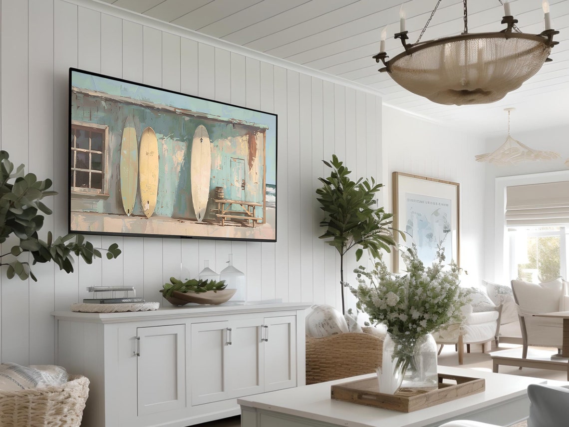 Beach Shack Surfboard Painting Rustic Coastal Surf Scene Poster - Image 3