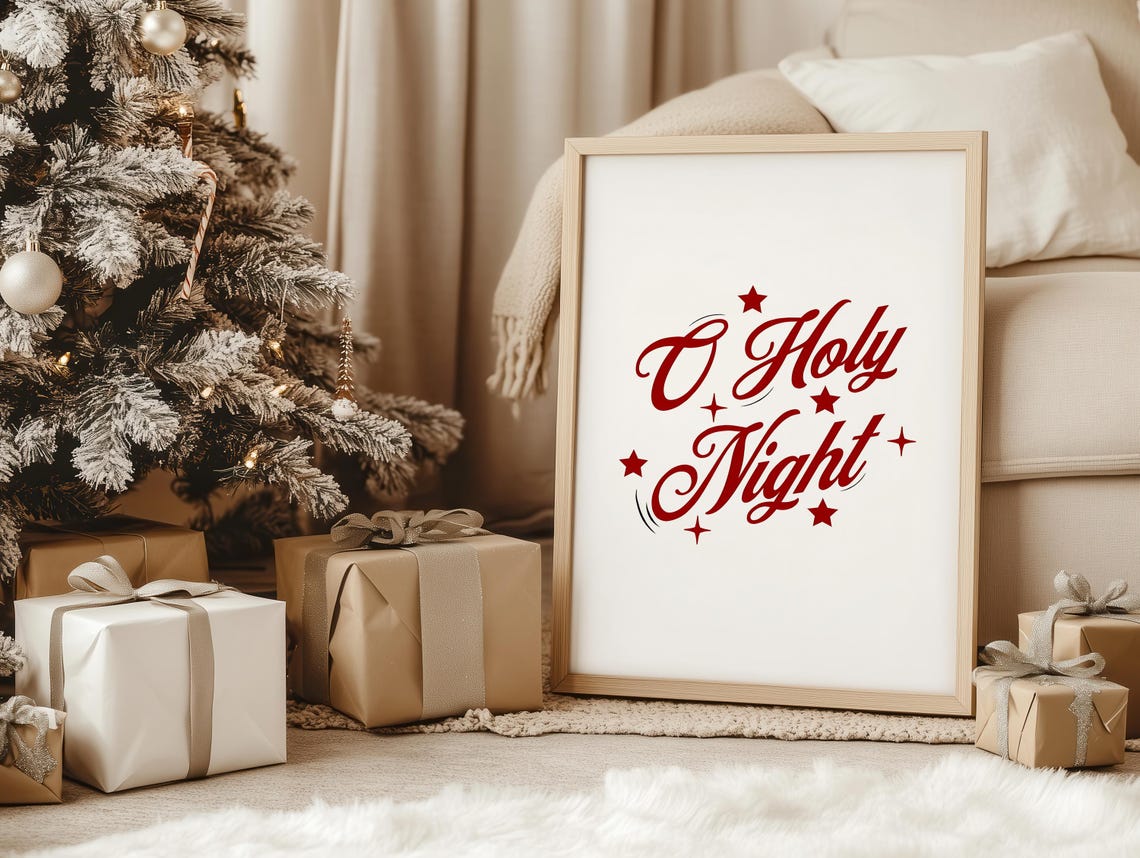 O Holy Night Red Script Christmas Typography Holiday Wall Art
