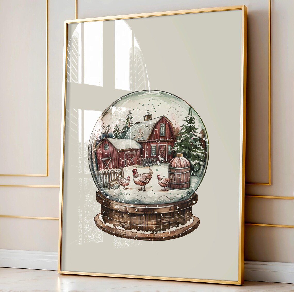 Red Barn Snow Globe Watercolor Christmas Farm Winter Holiday Country Wall Art - Image 3