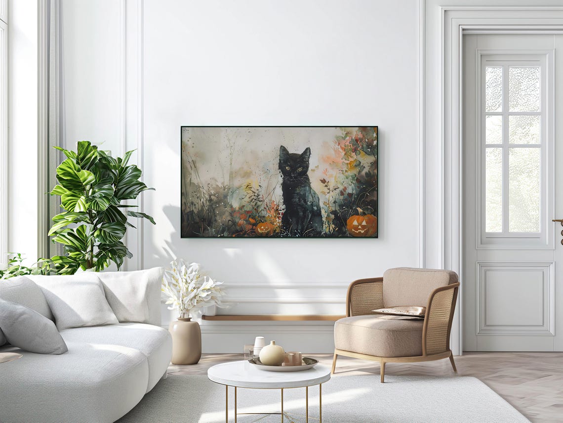 Black Cat Watercolor Halloween Pumpkin Autumn Garden Nursery Wall Art - Image 3