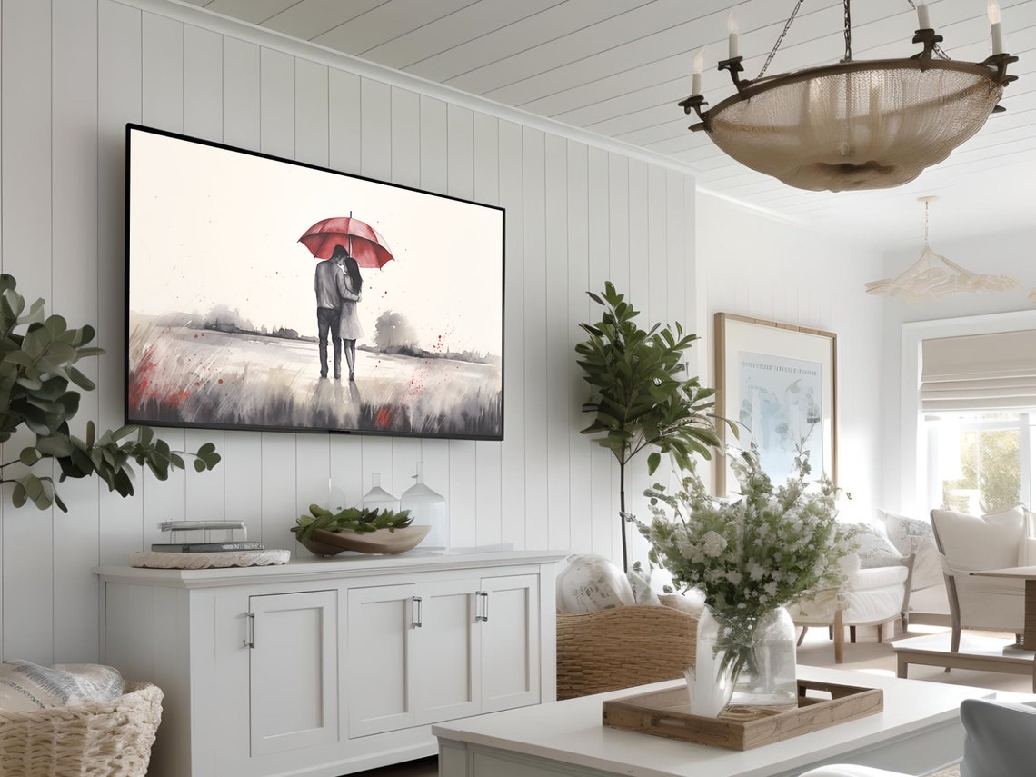 Couple Under Red Umbrella Rainy Day Romantic Watercolor Poster - Image 3