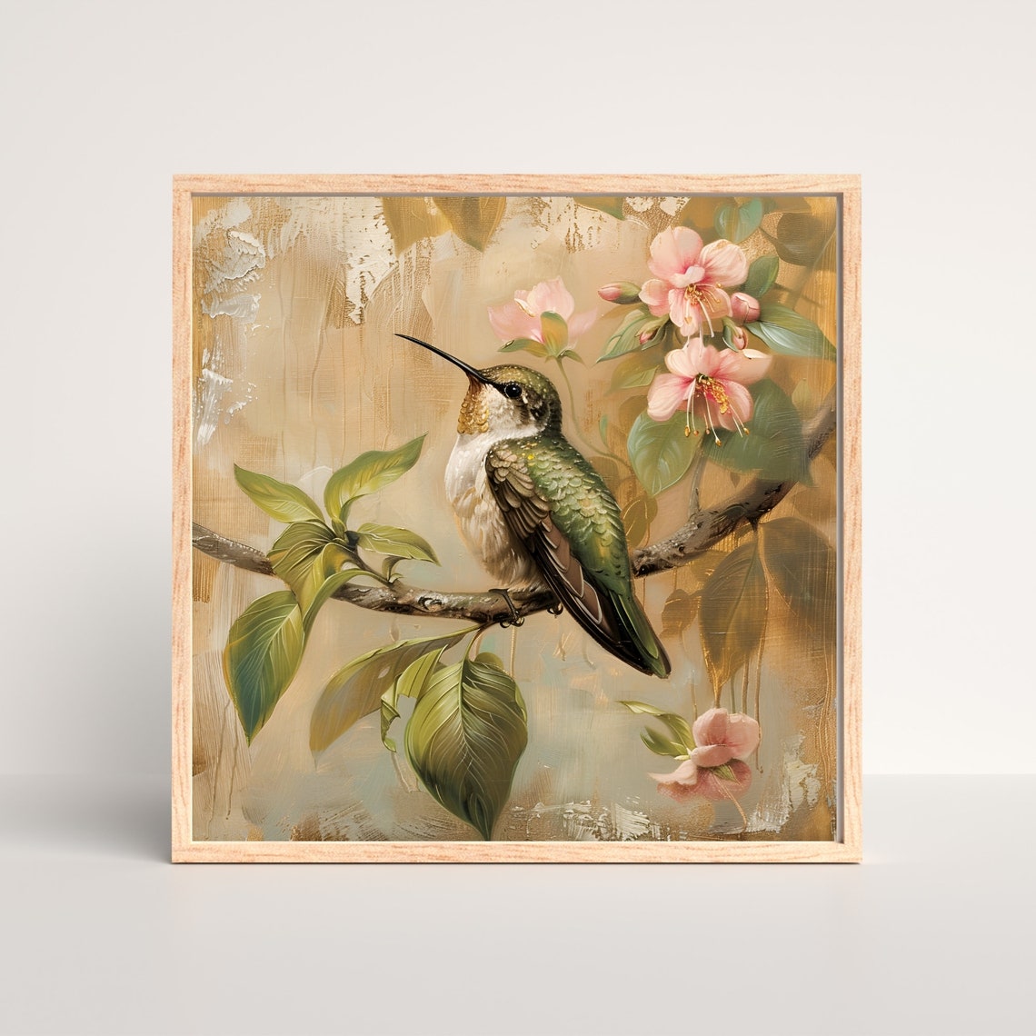 Vintage Hummingbird Pink Blossom Branch Botanical Art Poster