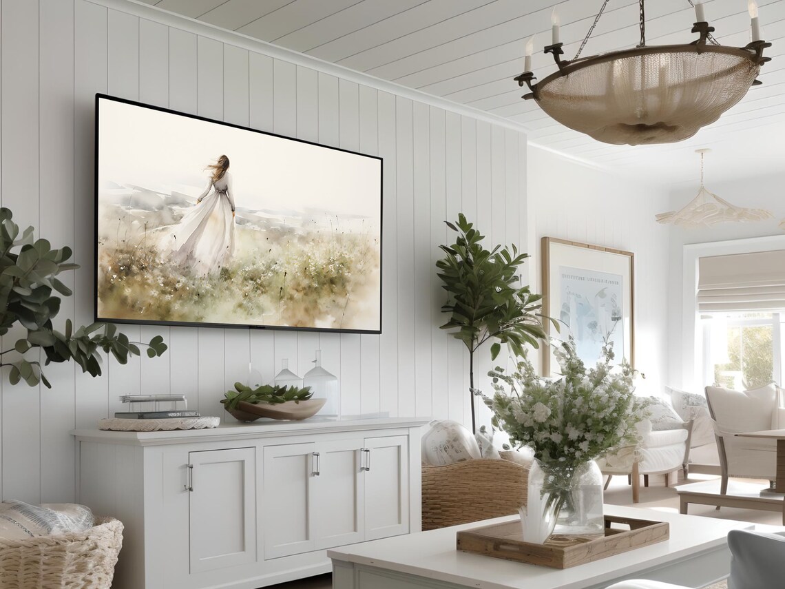 Woman In White Dress Wildflower Meadow Soft Watercolor Art Poster - Image 3