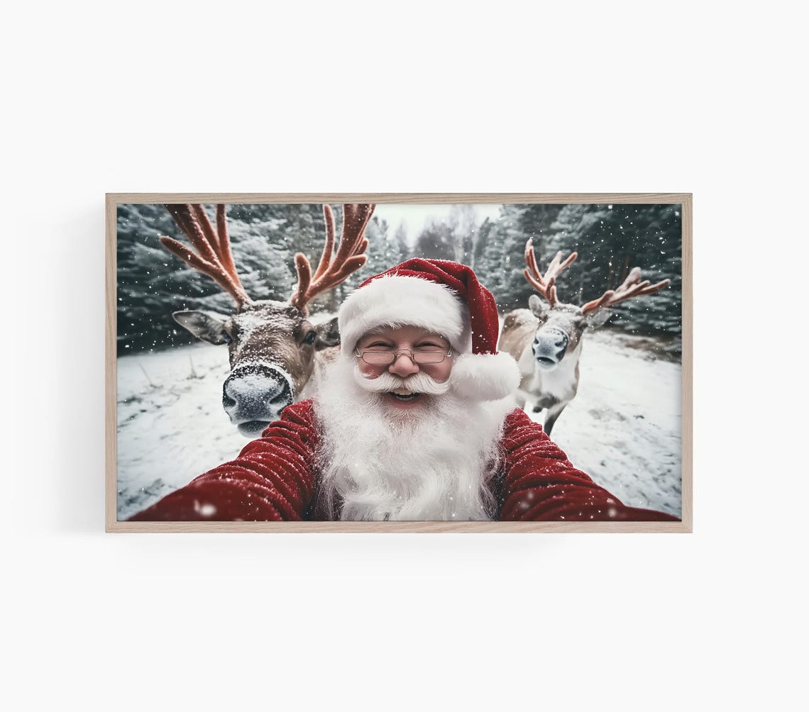 Santa Claus Selfie With Reindeer Snowy Winter Funny Photo Poster